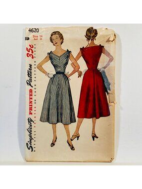 1950s Tie Shoulder Dress Vintage Sewing Pattern Simplicity 4620 Bust 32 Uncut